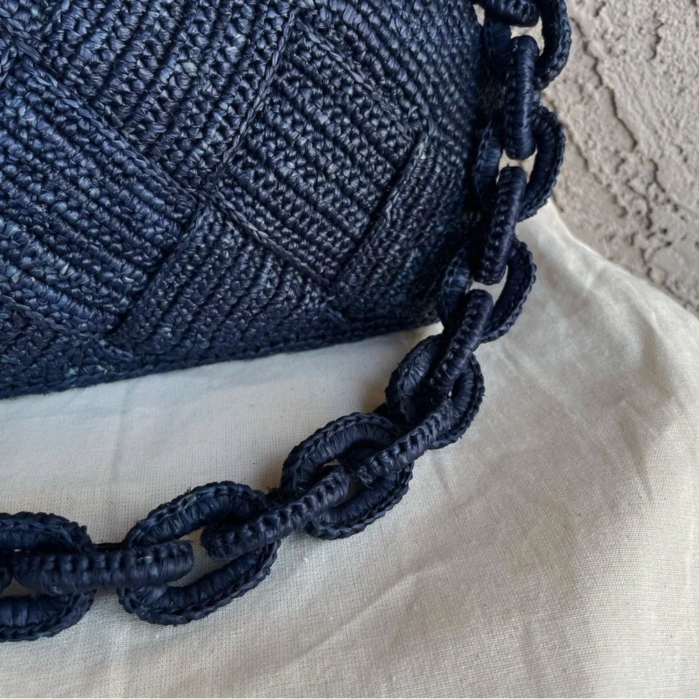 SEZANE Navy Blue Woven Braided Raffia Shoulder Bag Chain Link Strap Isabelle Bag - Picture 10 of 14
